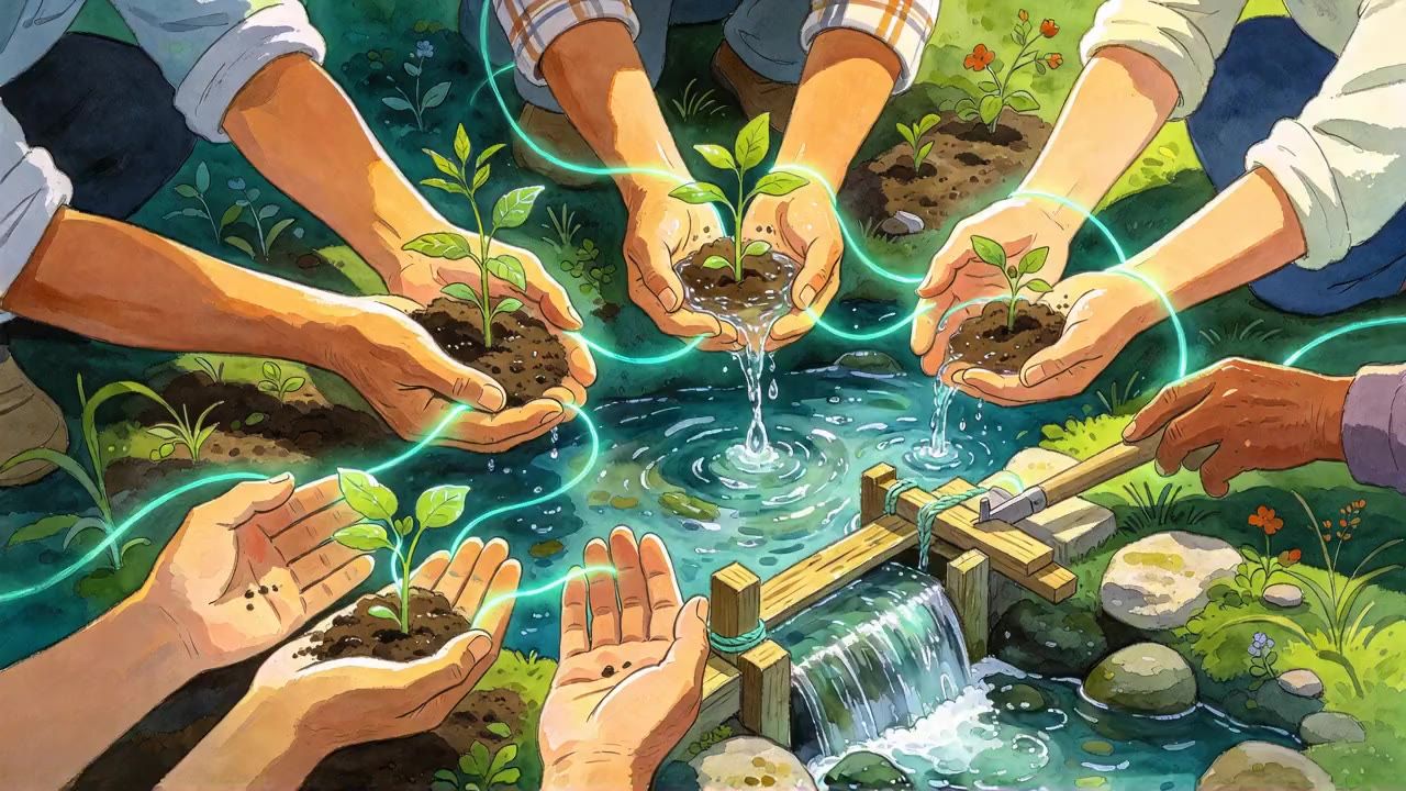 many hands planting and tending the earth, linked by a glowing thread